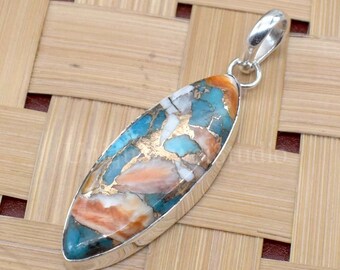 Spiny Oyster Copper Turquoise Pendant: Marquise 925 Sterling Silver