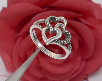 Sterling Silver Triple Heart Ring - Valentine&#39;s Gift