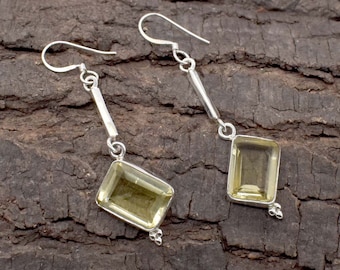 Natural Lemon Topaz Rectangle Sterling Silver Dangle Earrings, 925 Gemstone For Gift