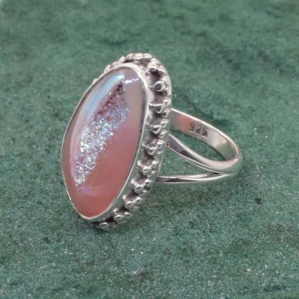 Solid 925 Sterling Silver Pink Titanium Druzy Ring, Beautiful Pink Druzy Agate 925 Sterling Silver Ring For Her