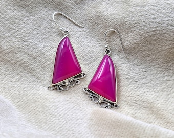 Pink Botswana Agate Dangle Earrings 925 Sterling Silver | Boho Handmade Jewelry For Gift
