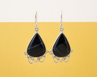 Natural Black Botswana Agate Teardrop Earrings, 925 Sterling Silver Dangle, Boho Gemstone Jewelry