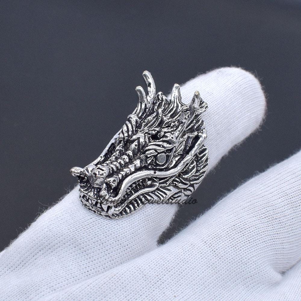 Dragon Head Signet Ring, Sterling Silver Dragon Men's Ring, Vintage Silver Oxidise Jewelry, Animal Lover Gift For Her US 9
