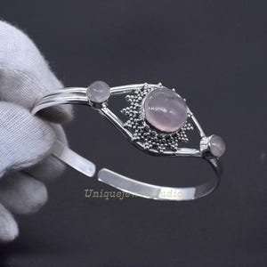 Adjustable Rose Quartz Bangle Bracelet | Sterling Silver Wire Wrapped Crystal Jewelry | Healing Gemstone Cuff Unisex |