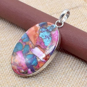 Spiny Oyster Copper Turquoise Necklace, 925 Sterling Silver Pendant, Natural Oyster Gemstone Pendant, Oval Shape Silver Necklace For Making
