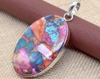 Spiny Oyster Copper Turquoise Pendant: Oval 925 Sterling Silver Necklace