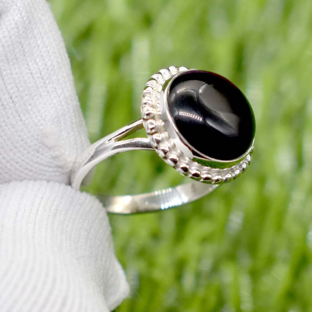 Bague Ancienne En Argent Massif 925 – Alliance Jonc Onyx Noir, Pièce Unique