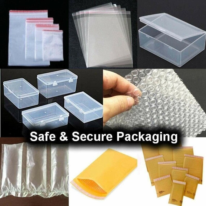 May include: A variety of packaging materials for shipping items, including bubble wrap, plastic bags, boxes, and envelopes. The text "Safe & Secure Packaging" is displayed on the image.