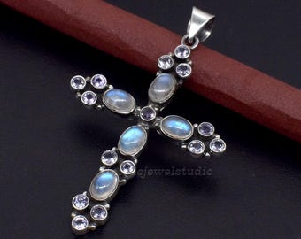 Rainbow Moonstone Cross Pendant: 925 Sterling Silver Necklace