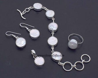 Baroque Pearl Jewelry Set: Sterling Silver Ring, Bracelet, Earrings, Pendant