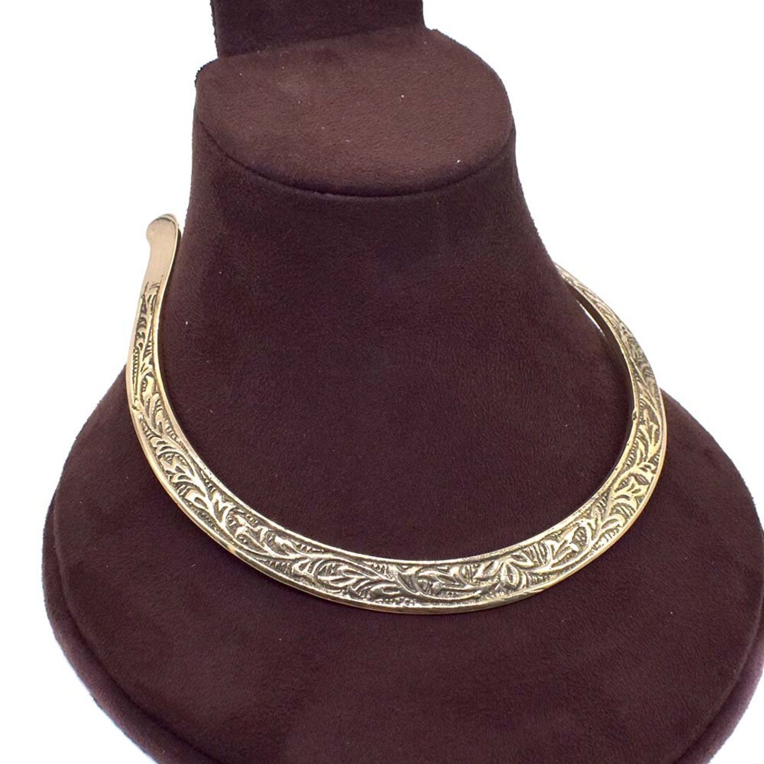 Flexible Tribal Brass Embossed Choker Necklace, Ethnic Brass Collar