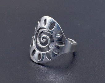 Sterling Silver Spiral Sun Ring: Adjustable Swirl Boho Ring