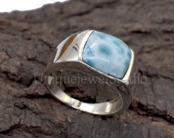 Larimar Men&#39;s Signet Ring: Solid 925 Sterling Silver Cushion Ring
