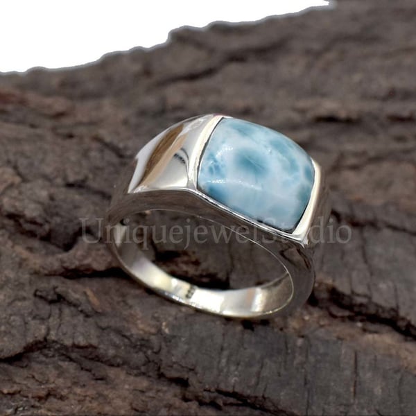 Bague en argent sterling massif 925 pour homme Larimar dominicain, bague coussin naturelle avec pierres précieuses, chevalière pour homme, idée cadeau mari