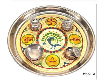 Juego de Thali Pooja Meenakari decorativo con diseño de pavo real: Bandeja Aarti de acero inoxidable esmaltado