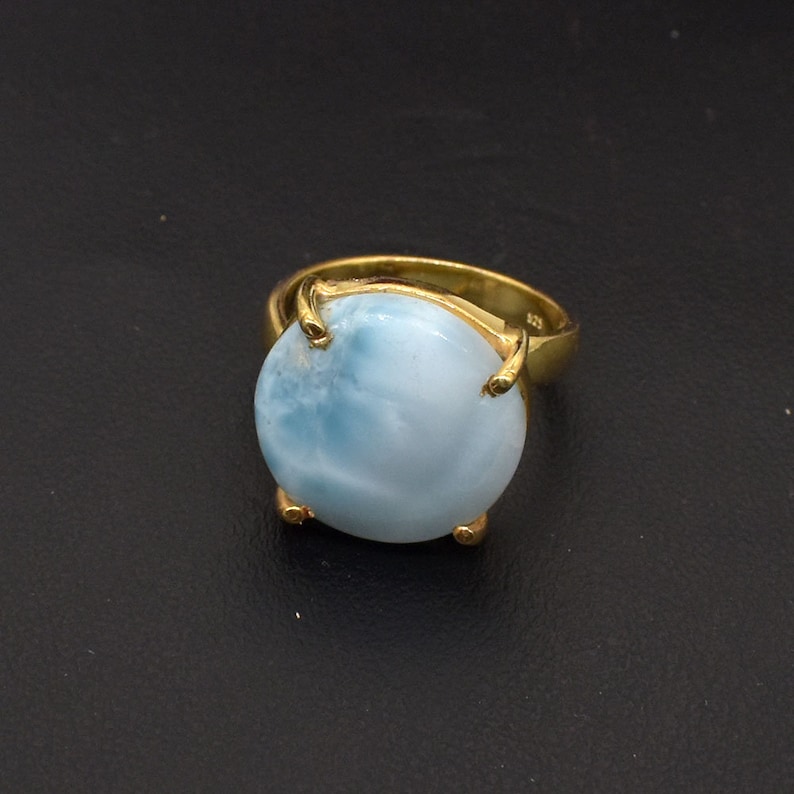 Blue Larimar Ring: 22k Gold Plated Sterling Silver Adjustable Boho Jewelry image 1