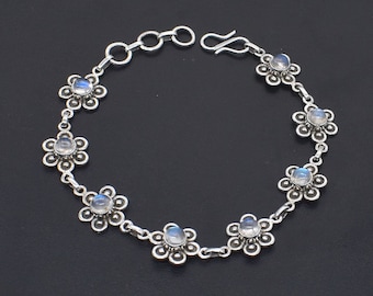Rainbow Moonstone Flower Bracelet: Handmade 925 Sterling Silver