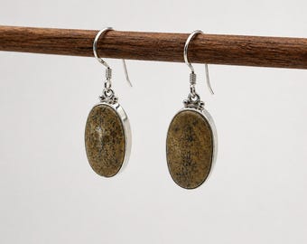 Natural Picture Jasper Gemstone Earrings, 925 Sterling Silver Dangles, Rustic Bohemian Jewelry