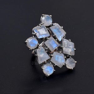Rainbow Moonstone Ring: Adjustable 925 Sterling Silver Boho Ring