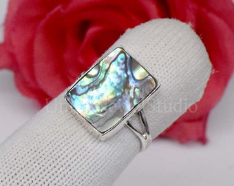 Handmade Abalone Shell 925 Sterling Silver Ring: Rectangle Gemstone
