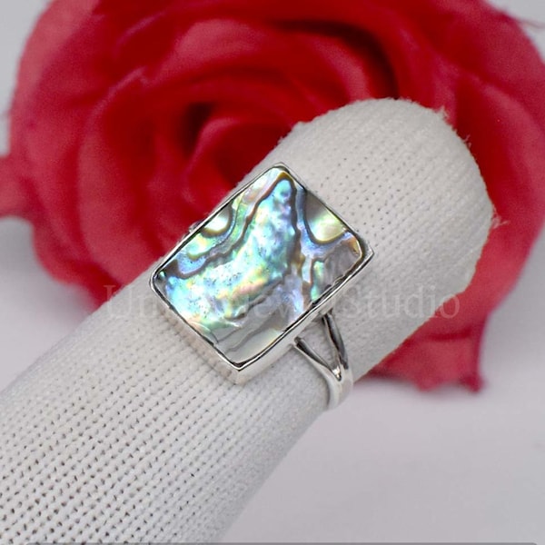 Abalone Shell Gemstone Silver Ring, Handmade 925 Sterling Silver Ring, Natural Abalone Shell Rectangle Silver Ring, Birthday Gift For Mom