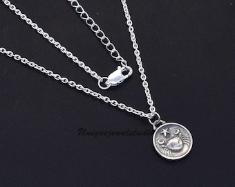 925 Sterling Silver Zodiac Sign Necklace: Embossed Astrology Charm