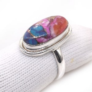 Spiny Oyster Copper Turquoise Ring: Oval Sterling Silver Gemstone