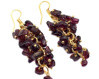 Deep Amethyst Grape Cluster Earrings / Natural Amethyst Cluster Earrings / Gold Plated Grape Dangle Cluster Earrings Gift For Her