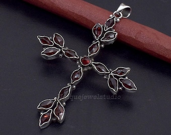 Red Garnet Cross Pendant: Sterling Silver Religious Necklace