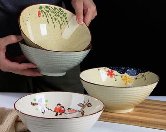 Vintage style Japanese ramen bowl, Retro style ceramic printed ramen bowl - 8 inch