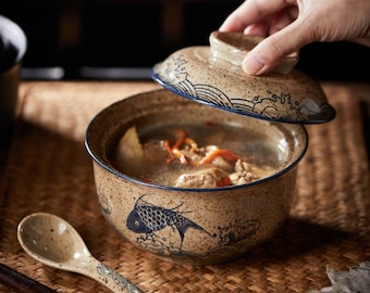 Ceramic ramen bowl with lid, handmade soup noodle stew bowl - 75cl (25oz)