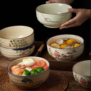 Vintage style Japanese ramen bowl, Retro style ceramic printed ramen bowl - 6/7 inch