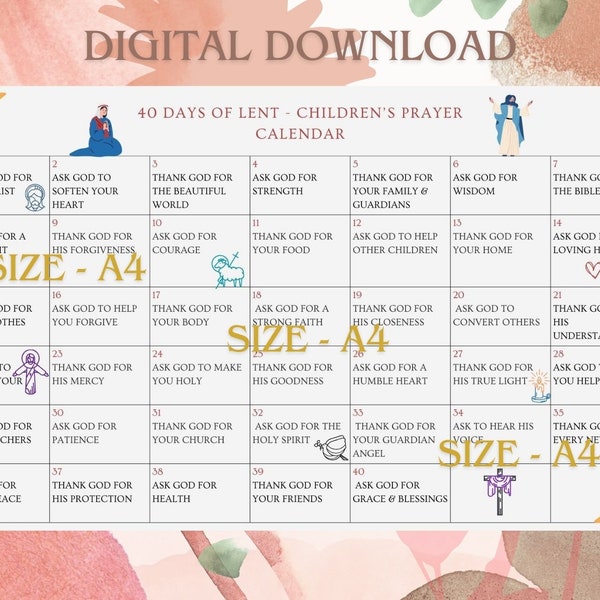 40 days of Lent Countdown - Children's Prayer Calendar - A4 ISO - DIGITAL DOWNLOAD