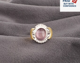 Bague En Métal Argenté Avec Pierre Œil De Chat Rose - Taille 53, Neuve Sans Emballage