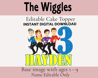 Può includere: Topper per torta editabile con i personaggi dei Wiggles, un numero 3 blu con stelle e note musicali, e il nome Hayden in lettere gialle. L'immagine di base è disponibile per le età da 1 a 9, con il nome modificabile.