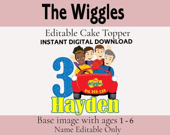 Può includere: Topper per torta editabile con i personaggi dei Wiggles nella loro Big Red Car. Il numero 3 è in blu con note musicali e il nome Hayden è in giallo. Il topper è per una festa di compleanno di 3 anni.