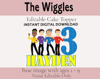 Può includere: Topper per torta editabile con i personaggi dei Wiggles, un numero 3 blu e il nome Hayden. I personaggi indossano i loro costumi caratteristici. Il topper è progettato per una festa di compleanno.