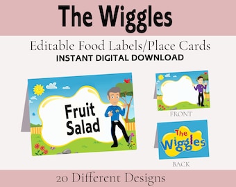 May include: Printable food labels or place cards featuring The Wiggles characters. The front of the card has a blank space for text and a cartoon of a Wiggle character. The back of the card has the Wiggles logo. The text on the card reads "Fruit Salad".