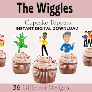 May include: 36 cupcake toppers featuring The Wiggles characters. The toppers include the Wiggles logo, a green dinosaur, a yellow-shirted character, a blue-shirted character, and a group of four characters. The toppers are printed on white paper and are ready to be cut out and used.