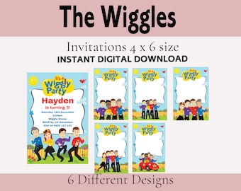 Può includere: Sei diversi design per inviti stampabili con i personaggi dei Wiggles. Gli inviti misurano 10,16 x 15,24 cm e presentano uno sfondo blu con un logo giallo Wiggly Party. Gli inviti sono personalizzabili con il nome del bambino, l'età e i dettagli della festa.