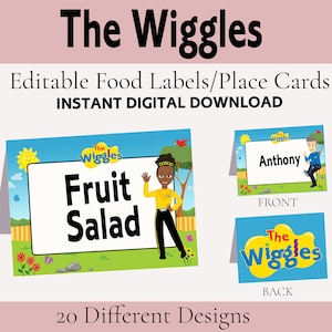 May include: Editable food labels or place cards featuring The Wiggles characters. The front of the card shows a character with the text "Fruit Salad". The back of the card shows the Wiggles logo.