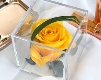 Luxury Real Yellow Forever Rose Cube Gift | Real Preserved Timeless Rose | Lasts Up To 1 Year | Birthday, Mother&#39;s Day, Bridesmaid Gift