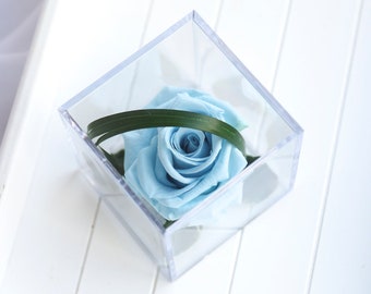 May include: A single light blue rose preserved in a clear cube-shaped box with a green leaf.