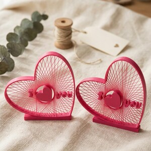 3D Printed Heart Decor Set, Magenta Geometric String Art, Romantic Shelf Accent