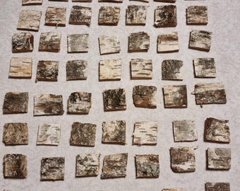 May include: A collection of small, square pieces of birch bark, each with a unique pattern of light brown, dark brown, and white hues. The pieces are arranged in a grid-like pattern, showcasing the natural texture and variations of the bark.