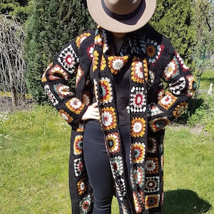 Long Swater Robe, Soft Warm Jacket, Afghan Sweater Robe, Comfortable Jacket for Women, Granny Square Jacket, Crochet Long Sleeve Jacket