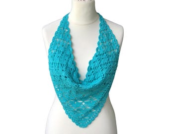 Conjunto de biquíni de crochê feito à mão, estilo boho para praia, top de crochê, lenço de quadril, bandana, tamanho B
