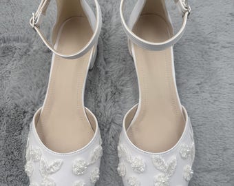 Sapato de noiva bordado, sapato bordado com pérolas e guipure, salto bloco, sapato de noiva, sapato de casamento, salto bloco