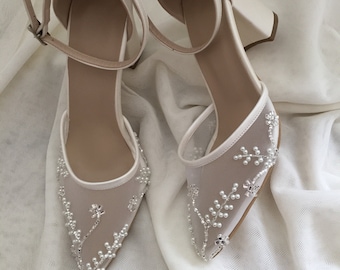 Pearl-Stone Embellished , Tulle with pearl embellishment , Wedding Shoes , Bridal Shoes , Bride Shoes , Pearl Embellished Tulle