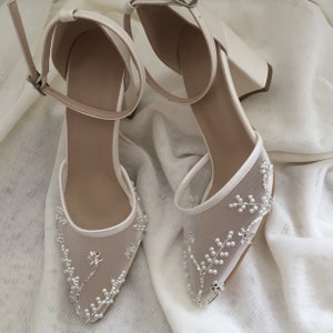 Pearl-Stone Embellished , Tulle with pearl embellishment , Wedding Shoes , Bridal Shoes , Bride Shoes , Pearl Embellished Tulle